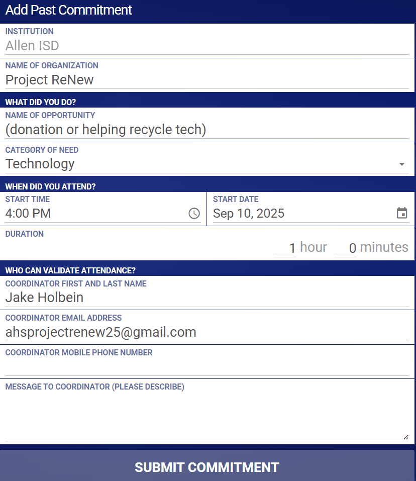 Name of org: Project ReNew, Name of opportunity: (donation or helping recycle tech), Category of need: Technology, Coordinator first and last name: Jake Holbein,  Coordinator Email Address: ahsprojectrenew25@gmail.com
